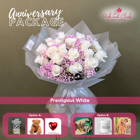 Prestigious White bouquet featuring 20 imported white roses and pink sprayed gypsophila arranged in an anniversary gift package with optional add ons.