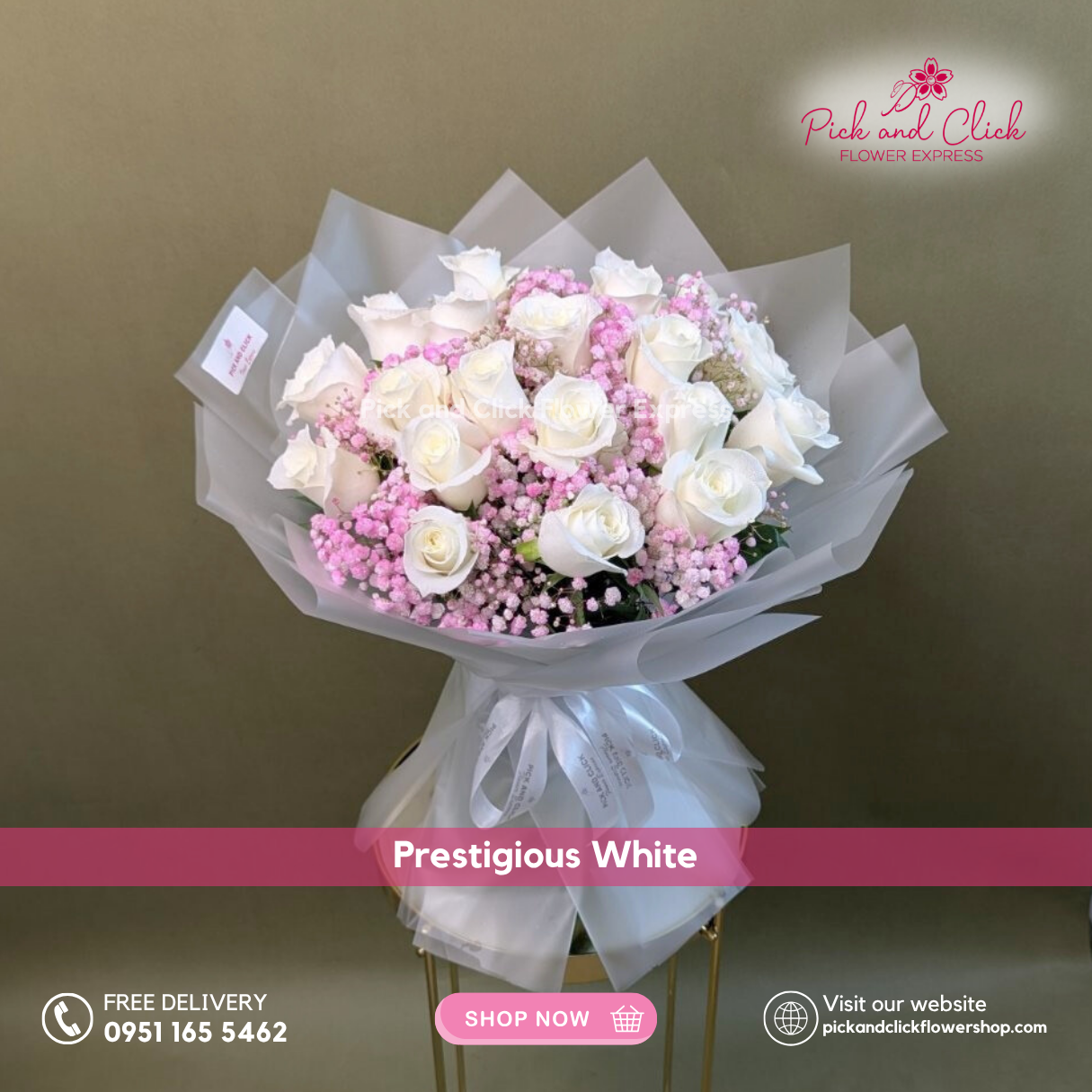 Prestigious White Bouquet featuring imported white roses accented with pink sprayed gypsophila, a clean and elegant floral arrangement perfect for weddings, anniversaries, and special occasions in the Philippines.