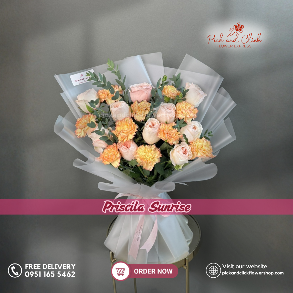 Priscila Sunrise Bouquet featuring light pink Priscila roses, two tone orange and yellow carnations, and fresh parvi leaves arranged in a vibrant floral design, a bright and elegant bouquet perfect for birthdays, celebrations, congratulations, and special occasions in the Philippines.