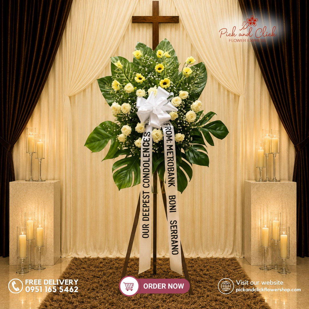 Pure Solace Funeral Stand featuring Imported White Roses, Gypsophila, Tibatib, and Dieffenbachia in an elegant white and green funeral tribute in the Philippines.