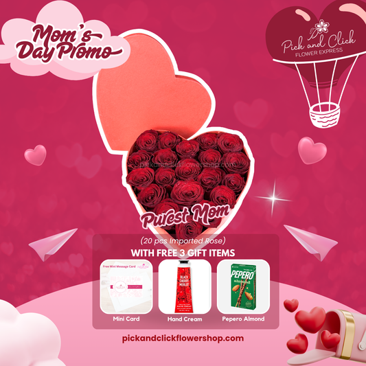 Purest Mom heart gift box featuring 20 imported red roses with free mini card, hand cream, and Pepero Almond as a romantic Mother’s Day gift.