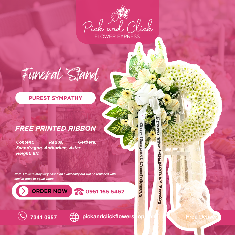Purest Sympathy Funeral Stand featuring radus, gerbera, snapdragon, anthurium, and aster, a graceful and elegant sympathy floral arrangement designed as a respectful tribute for funerals and memorial services in the Philippines.