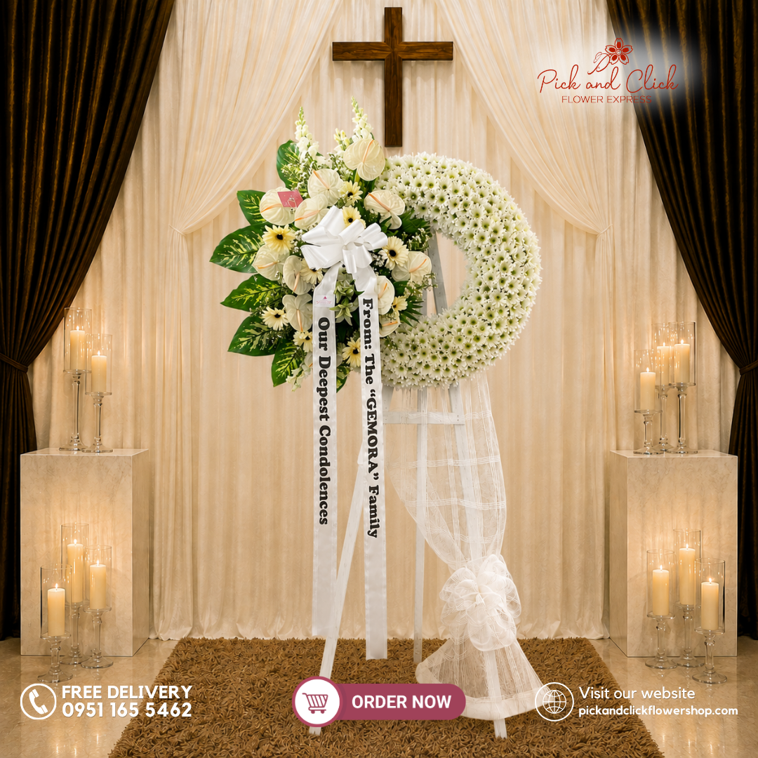 Purest Sympathy Funeral Stand featuring White Gerberas, Anthuriums, White Stargazers, Radus, Tibatib, Anahaw, Gypsophila, and Snapdragons in an elegant funeral tribute in the Philippines.