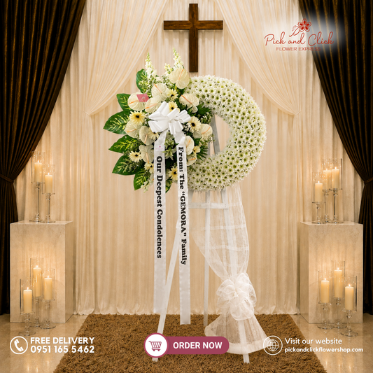 Purest Sympathy Funeral Stand featuring White Gerberas, Anthuriums, White Stargazers, Radus, Tibatib, Anahaw, Gypsophila, and Snapdragons in an elegant funeral tribute in the Philippines.