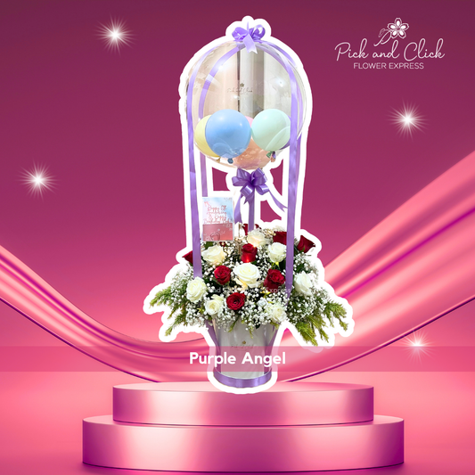Box arrangement of white China rose, red rose, gypsophila, golden rod with balloons and bobo balloon