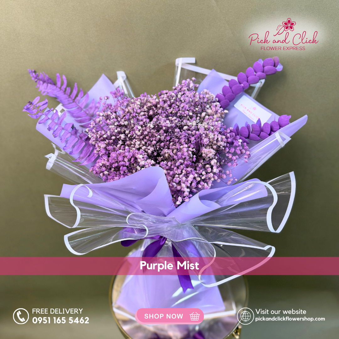 Purple-sprayed gypsophila, eucalyptus, and pako leaves bouquet – Metro Manila flower delivery