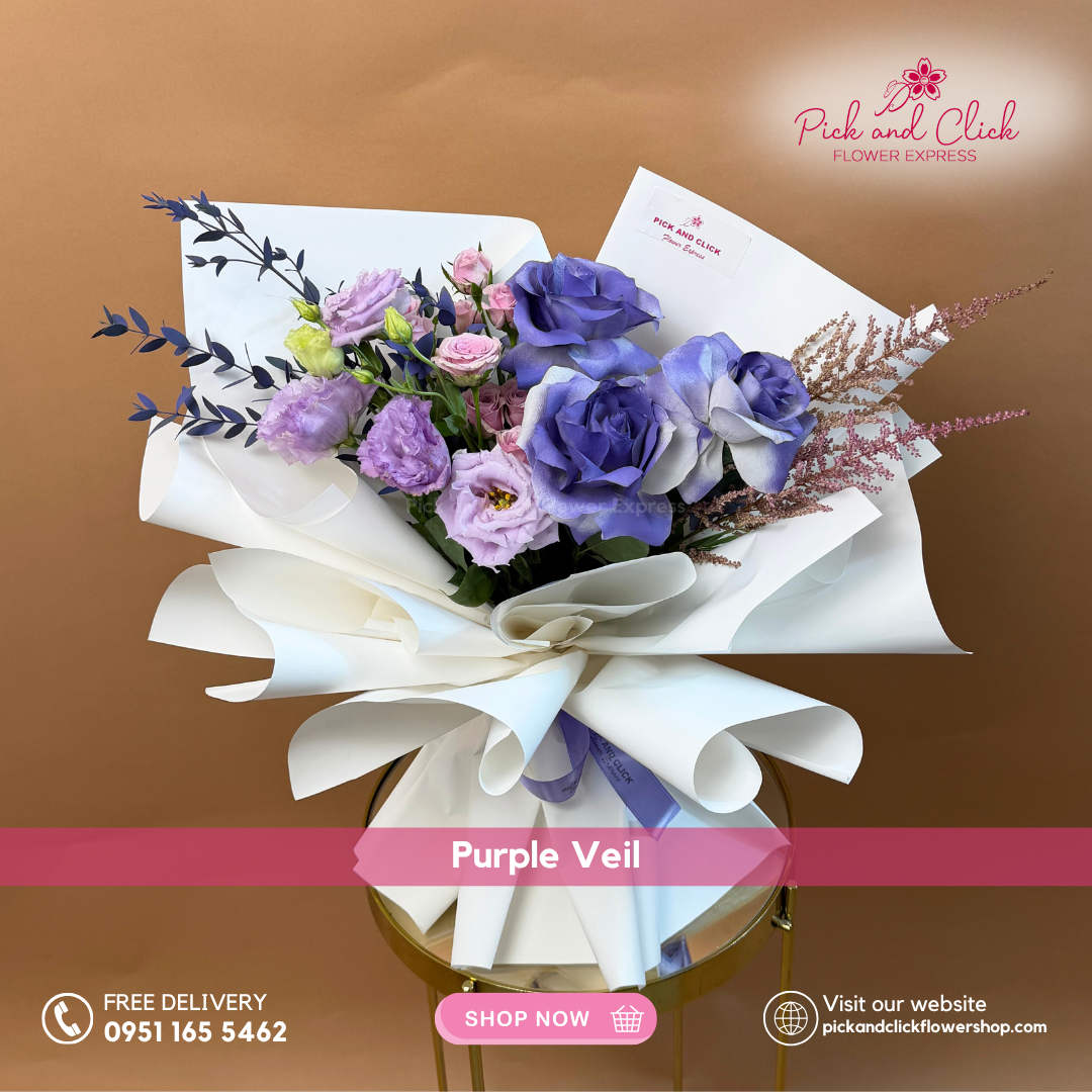 Blue-sprayed white roses and purple lisianthus bouquet with pink astilbe – Metro Manila flower delivery