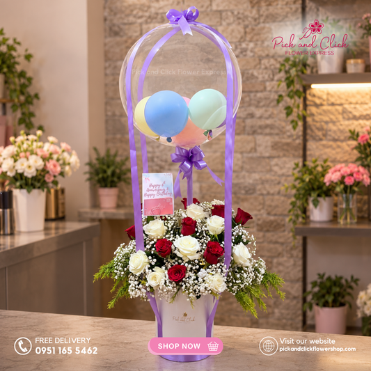 Purple Angel Bouquet featuring white China roses, red roses, gypsophila, golden rod, colorful latex balloons, and a bobo balloon, a vibrant and festive floral arrangement perfect for birthdays, celebrations, and special occasions in the Philippines.