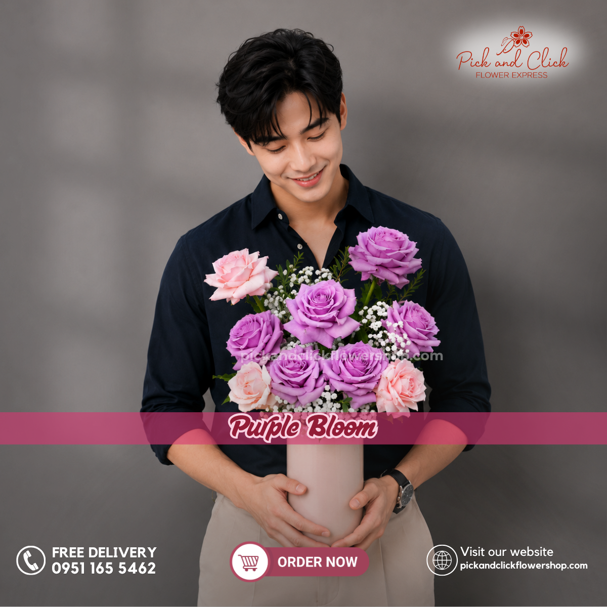 Purple Bloom Vase Arrangement featuring 6 Moody Blue roses, 3 imported light pink roses, delicate gypsophila, and fresh parvi leaves, beautifully arranged in a vase with deep blue, blush pink, and fresh green accents, a luxurious floral centerpiece perfect for birthdays, anniversaries, corporate gifting, home décor, and special occasions in the Philippines.
