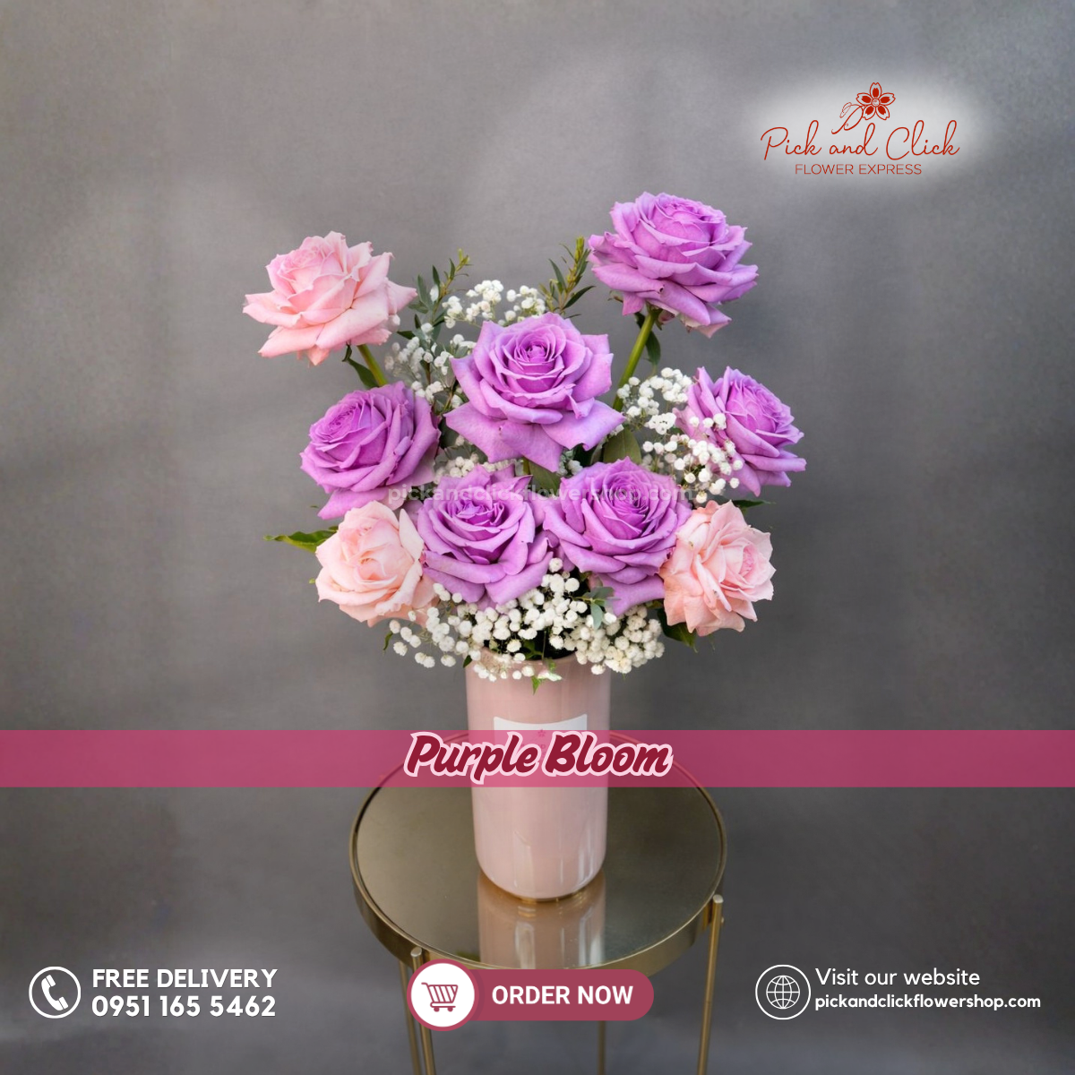 Purple Bloom Vase Arrangement featuring moody blue roses, light pink roses, delicate gypsophila, and fresh parvi leaves, beautifully arranged in an elegant vase display perfect for romantic gifts, birthdays, and special occasions in the Philippines.