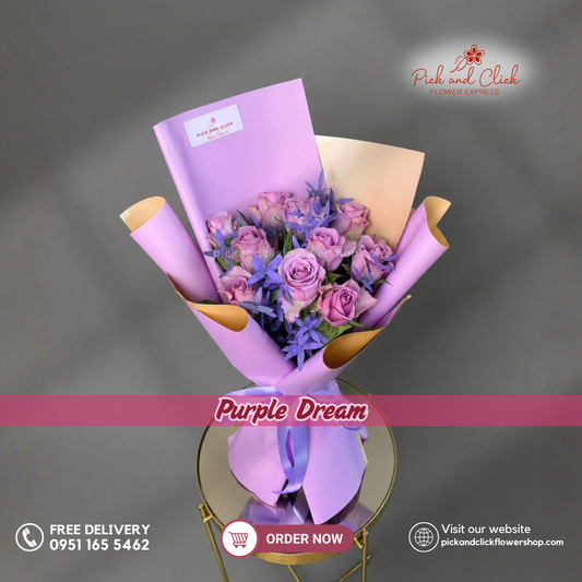 Purple Dream Bouquet featuring 10 premium purple roses with purple-sprayed parvi leaves in an elegant floral arrangement.