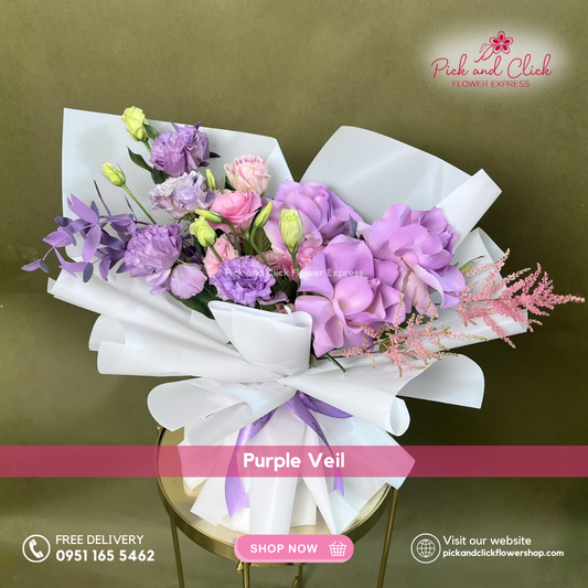 Blue-sprayed white roses and purple lisianthus bouquet with pink astilbe – Metro Manila flower delivery