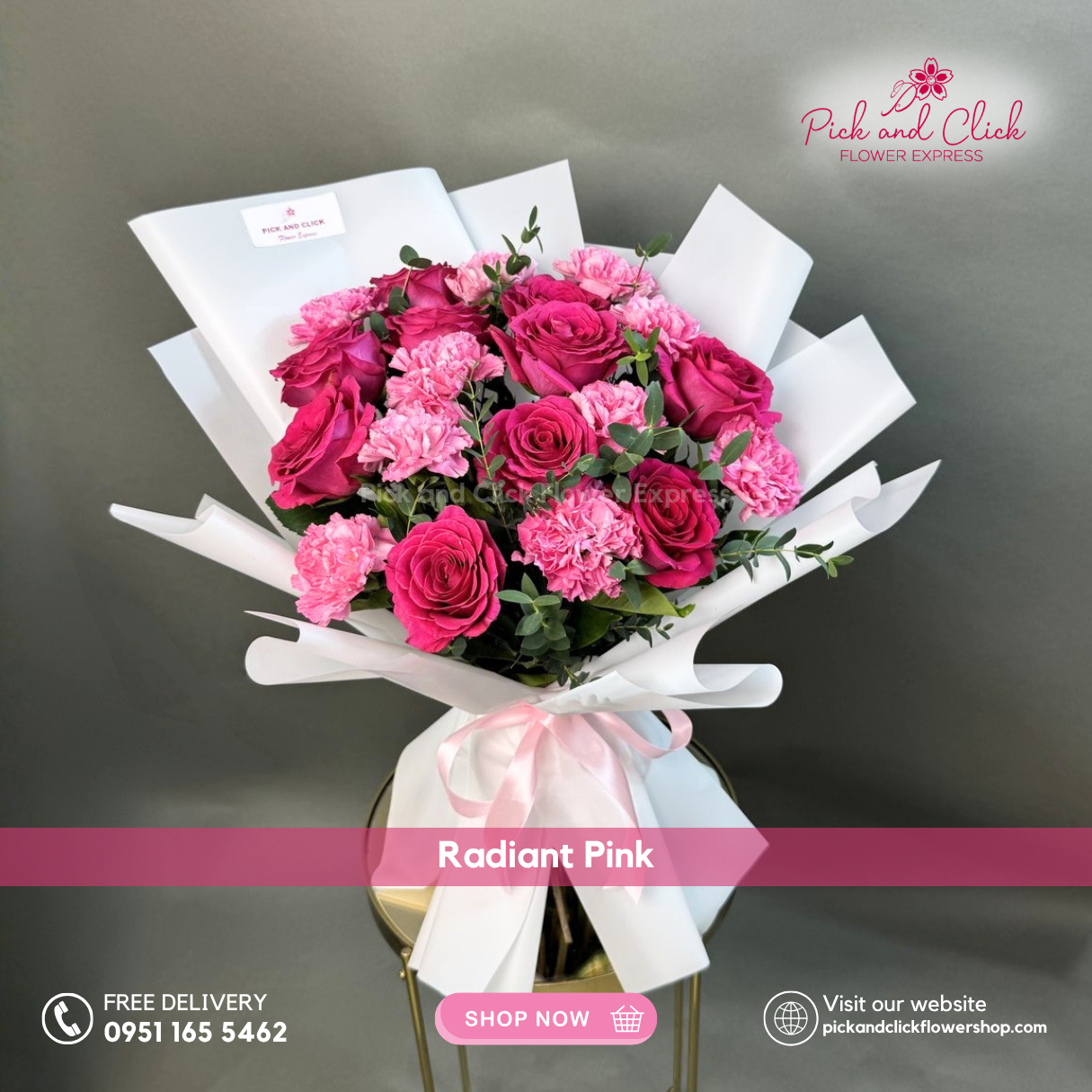 Radiant Pink bouquet featuring fuchsia pink roses, hot pink carnations, and parvi leaves in a vibrant floral arrangement.