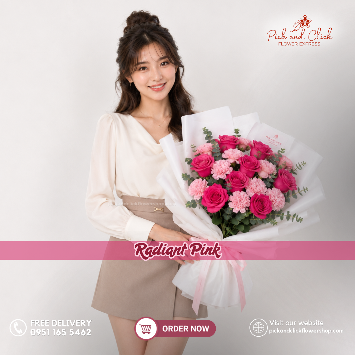 Radiant Pink Bouquet featuring 10 fuchsia pink roses, 10 hot pink carnations, and fresh parvi leaves arranged in an elegant floral design with vibrant pink blooms and fresh green accents, a bold and luxurious bouquet perfect for birthdays, anniversaries, Mother's Day, romantic gifts, and special occasions in the Philippines.
