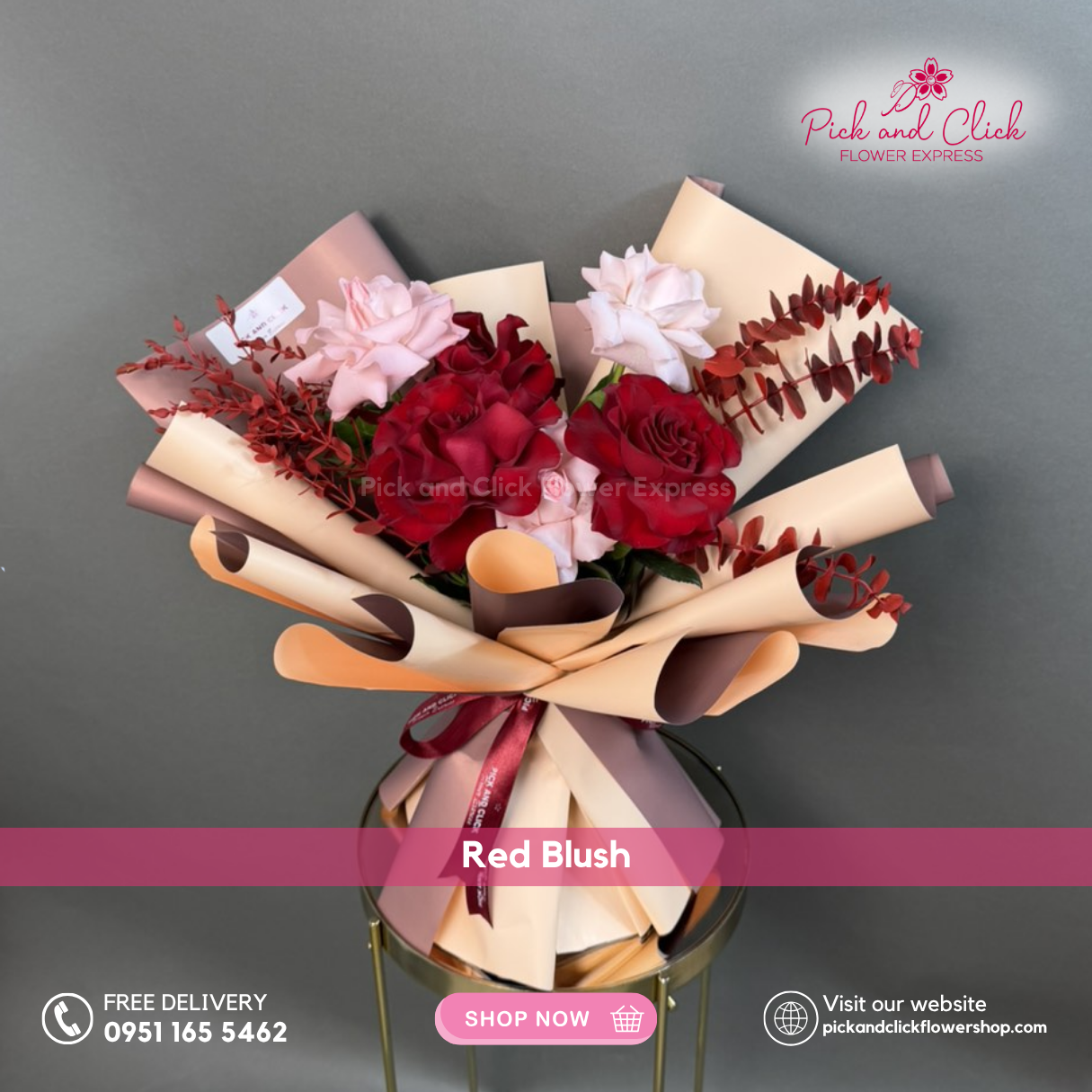 Red Blush bouquet featuring imported red and light pink roses with red sprayed parvi leaves and eucalyptus in a petite romantic arrangement.