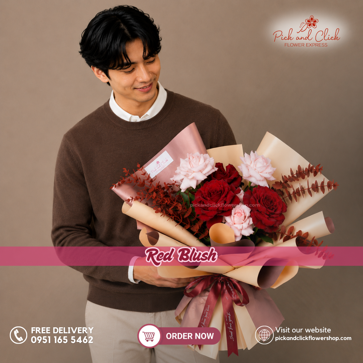 Red Blush Bouquet featuring imported red roses, imported light pink roses, red sprayed parvi leaves, and fresh eucalyptus, arranged in an elegant floral design with deep red, soft pink, and fresh green accents, a luxurious and romantic bouquet perfect for anniversaries, birthdays, Valentine's Day, Mother's Day, and special occasions in the Philippines.