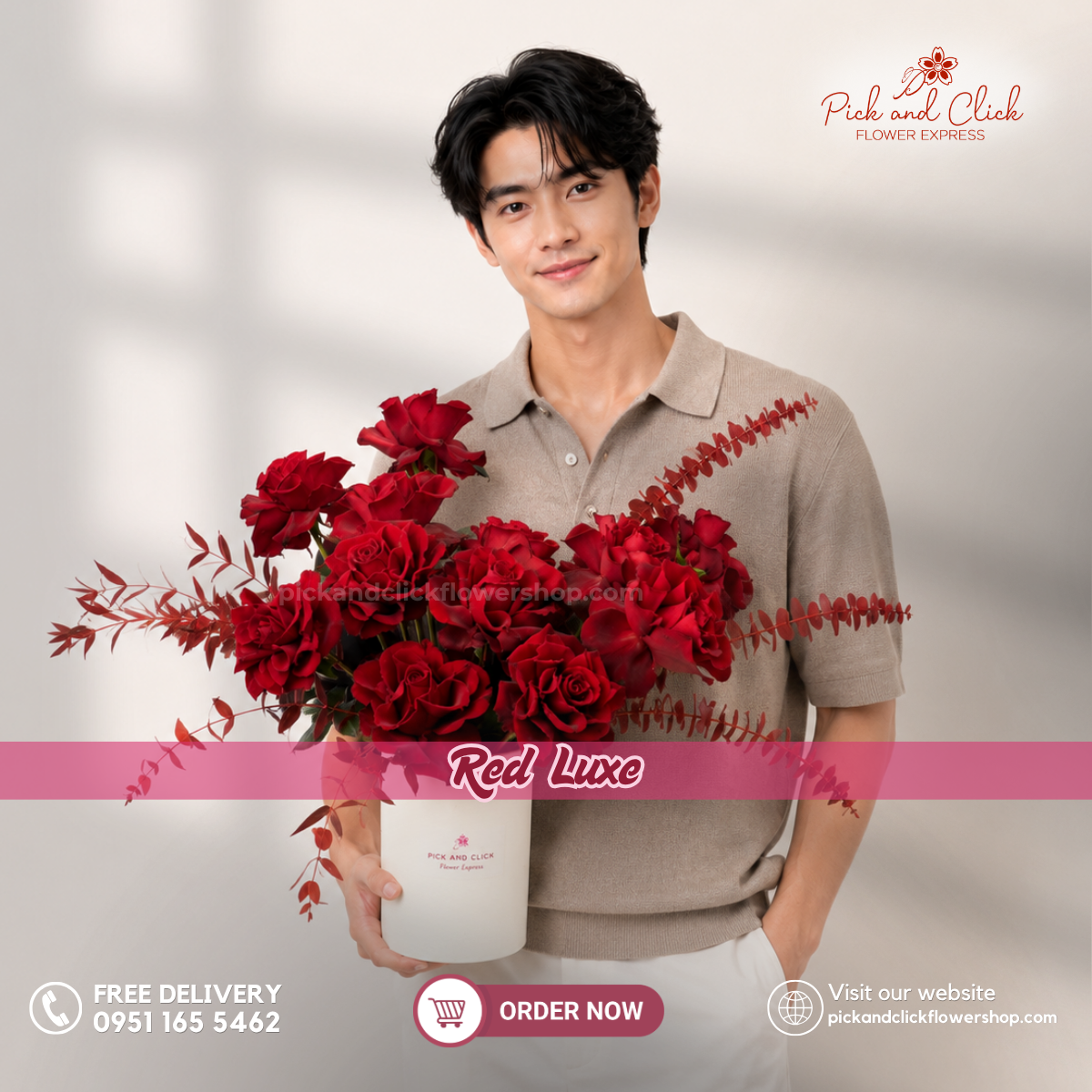 Red Luxe Vase Arrangement featuring imported red roses, red sprayed parvi leaves, and red sprayed eucalyptus, beautifully arranged in a premium vase with deep red blooms and rich green accents, a timeless and luxurious floral centerpiece perfect for anniversaries, Valentine's Day, romantic gifts, corporate gifting, and special occasions in the Philippines.