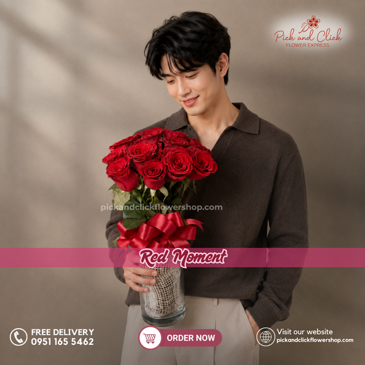 Red Moment Vase Arrangement featuring 12 imported red roses beautifully arranged in a premium vase, a timeless and elegant floral centerpiece perfect for anniversaries, Valentine's Day, romantic gifts, birthdays, and special occasions in the Philippines.