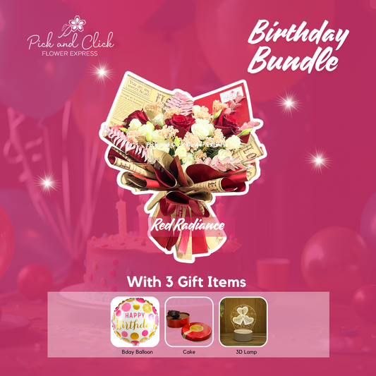 Bouquet of imported red rose, white lisianthus, and dried flowers in printed two-tone wrap — romantic and elegant gift