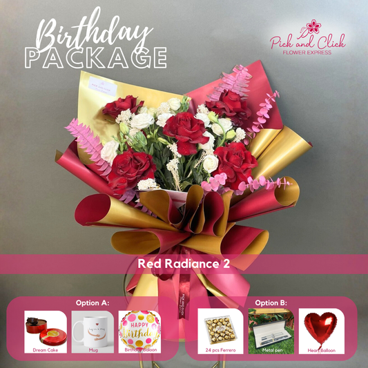 Red Radiance 2 bouquet featuring imported red roses, white lisianthus, pink sprayed pako leaves, eucalyptus, and dried rice flowers arranged in a birthday gift package with optional add ons.