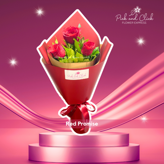 Bouquet of local red rose and rosal in red wrap — romantic floral arrangement for special occasions