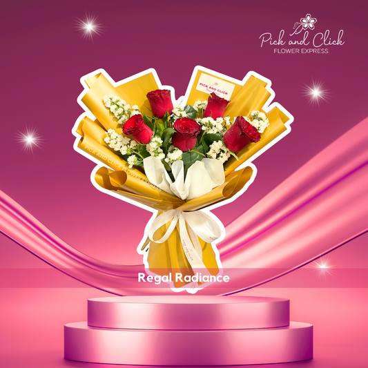 Bouquet of 5 imported red roses with white statice in bright yellow wrapping paper
