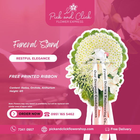 Round funeral stand featuring radus, anthurium, orchids, and anahaw leaves — elegant and respectful floral tribute