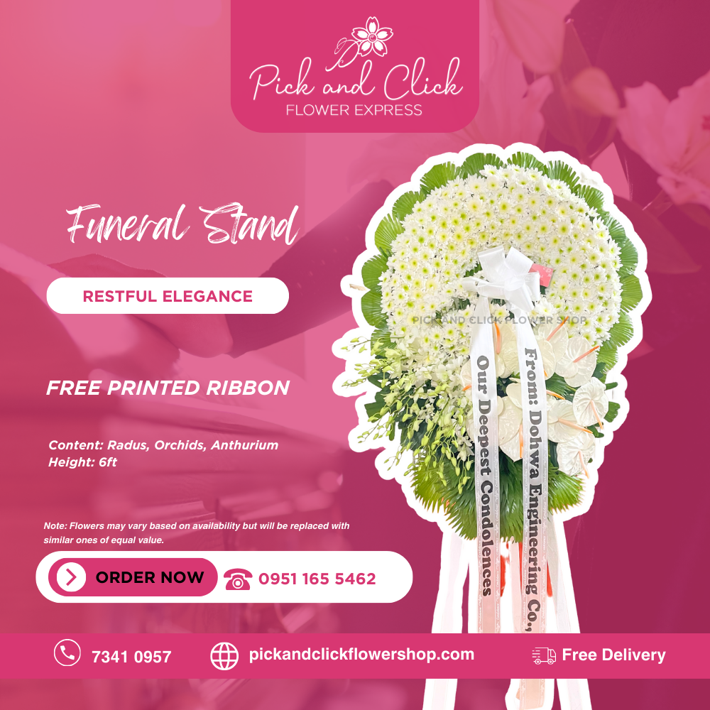 Restful Elegance Funeral Stand featuring ruscus, orchids, and anthurium, a graceful and elegant sympathy floral arrangement designed as a respectful tribute for funerals and memorial services in the Philippines.