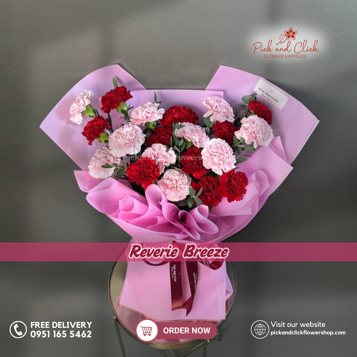 Reverie Breeze Bouquet featuring 10 light pink carnations, 10 red carnations, and fresh parvi leaves arranged in an elegant floral design, a vibrant and heartfelt bouquet perfect for birthdays, anniversaries, Mother's Day, and special occasions in the Philippines.