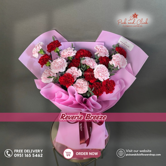 Reverie Breeze Bouquet featuring 10 light pink carnations, 10 red carnations, and fresh parvi leaves arranged in an elegant floral design, a vibrant and heartfelt bouquet perfect for birthdays, anniversaries, Mother's Day, and special occasions in the Philippines.