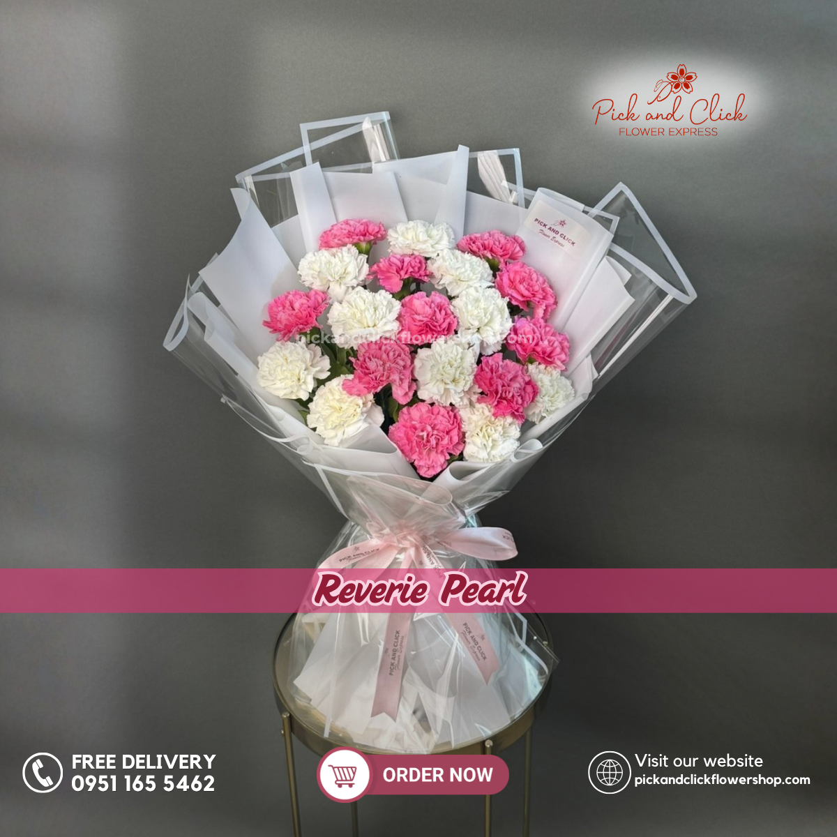 Reverie Pearl Bouquet featuring 10 white carnations and 10 hot pink carnations arranged in an elegant floral design, a vibrant and charming bouquet perfect for birthdays, anniversaries, Mother's Day, and special occasions in the Philippines.