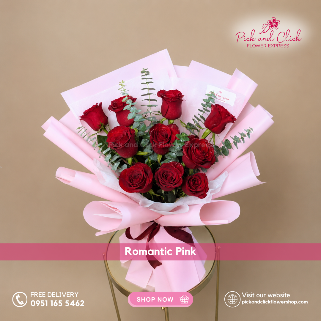 Romantic Pink Bouquet featuring an imported red China rose arranged in a simple and elegant floral design, a timeless romantic bouquet perfect for anniversaries, proposals, and special occasions in the Philippines.