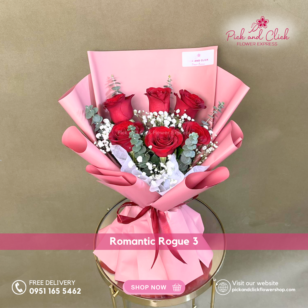 Romantic Rouge 3 featuring 6 imported red roses with gypsophila and eucalyptus, arranged in premium wrapping for elegant romantic gifting.