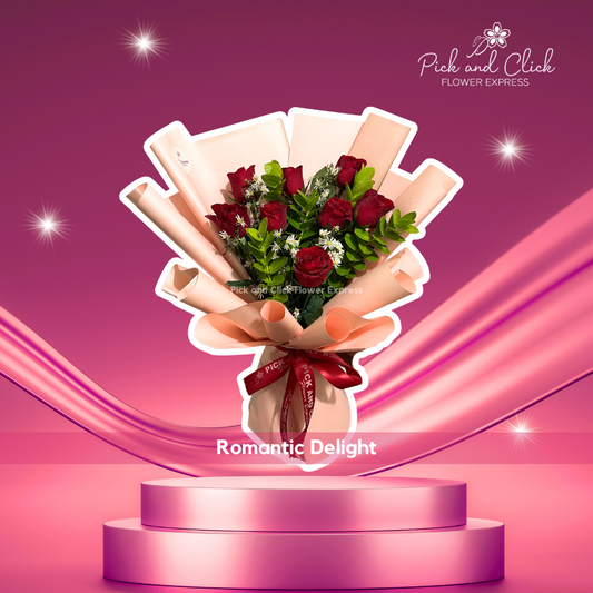 Bouquet of local red rose, rosal, and aster in peach wrap — warm and cheerful floral gift