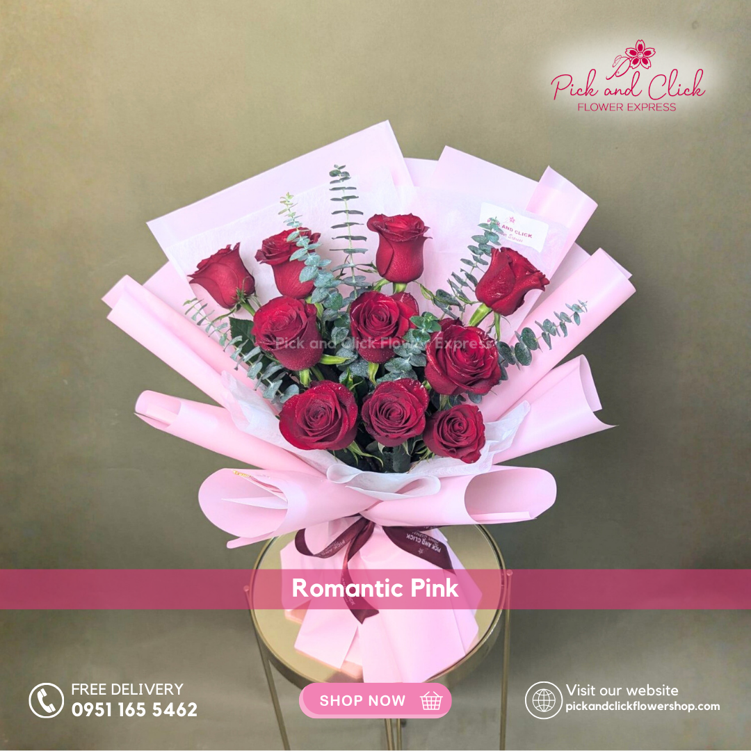 Bouquet of China roses and eucalyptus wrapped in soft pink paper, elegant and modern floral gift