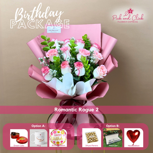 Romantic Rogue 2 bouquet featuring 12 two tone pink roses, aster, and eucalyptus arranged in a birthday gift package with optional add ons.