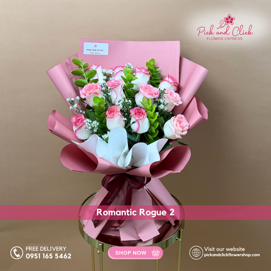 Romantic Rogue 2 Bouquet featuring two tone pink roses, white aster, and fresh eucalyptus, a soft and romantic floral arrangement perfect for anniversaries, birthdays, and special occasions in the Philippines.