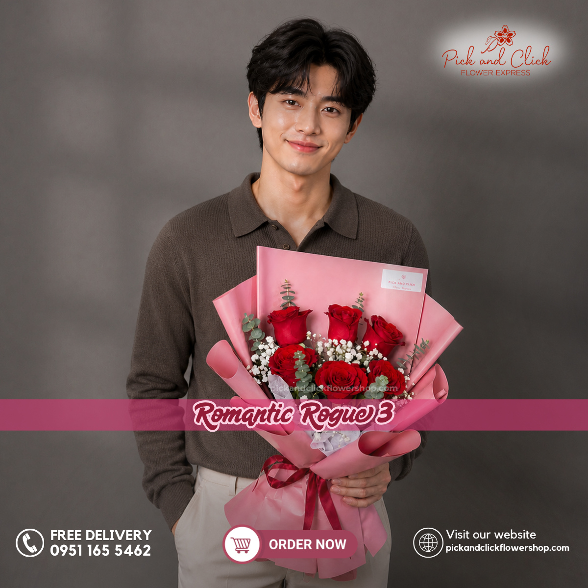 Romantic Rogue 3 Bouquet featuring 6 imported red roses accented with delicate gypsophila and fresh eucalyptus, arranged in an elegant floral design with classic red blooms, white accents, and fresh green foliage, a timeless and romantic bouquet perfect for anniversaries, proposals, Valentine's Day, birthdays, and special occasions in the Philippines.