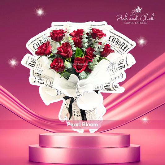 Bouquet with imported red China rose, eucalyptus, and rosal in elegant white printed wrap