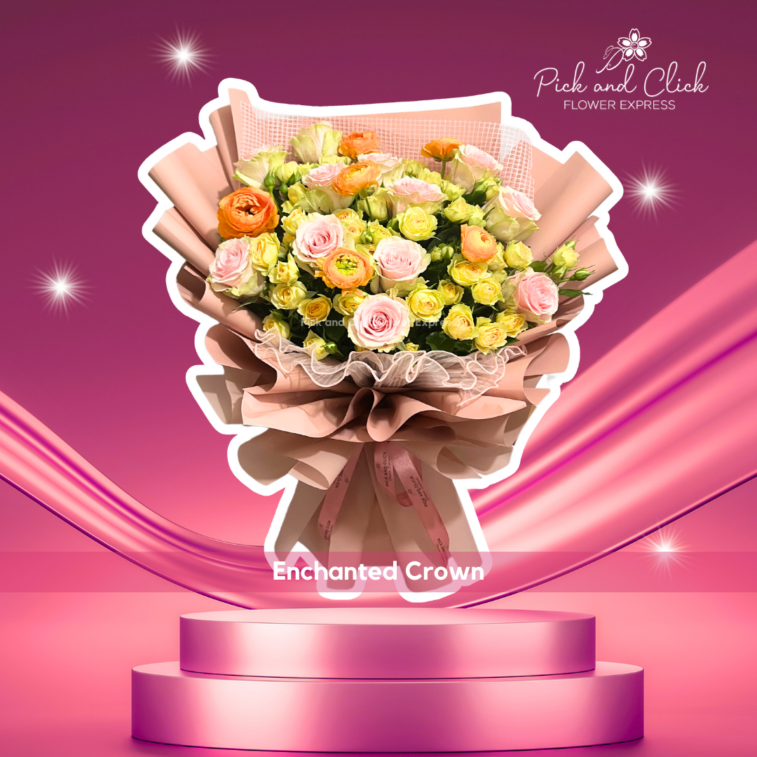 Bouquet with imported China pink rose, ranunculus, and spray roses in old rose wrap