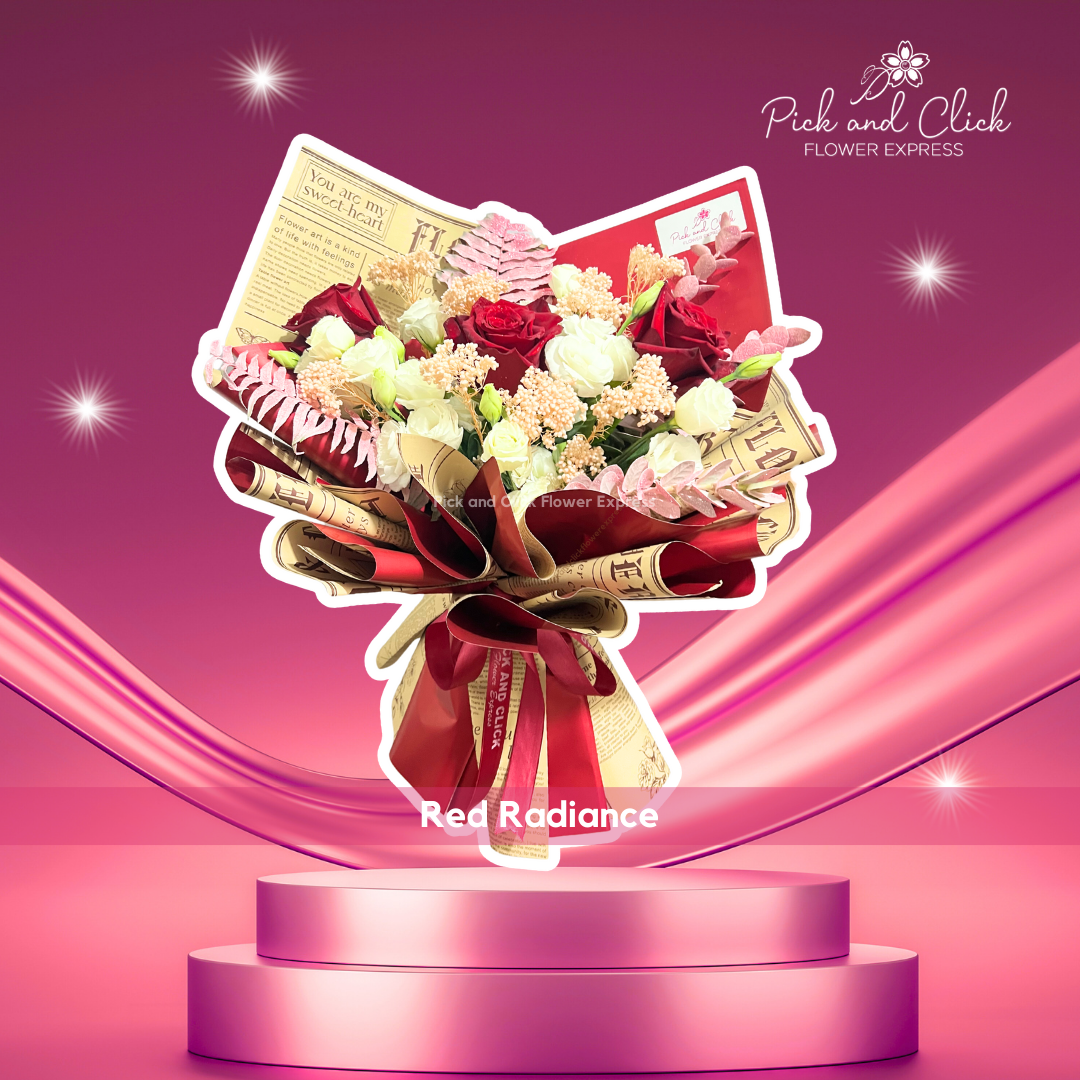 Bouquet with Ecuadorian red roses, white lisianthus, pako leaves, eucalyptus, and dried flowers in red and printed two-tone wrap