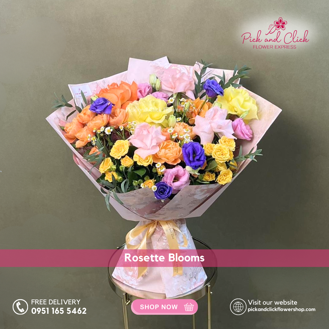 Rosette Blooms Bouquet featuring orange, yellow, and light pink roses with spray roses, lisianthus, egg aster, and parvi leaves in an elegant premium hand bouquet.