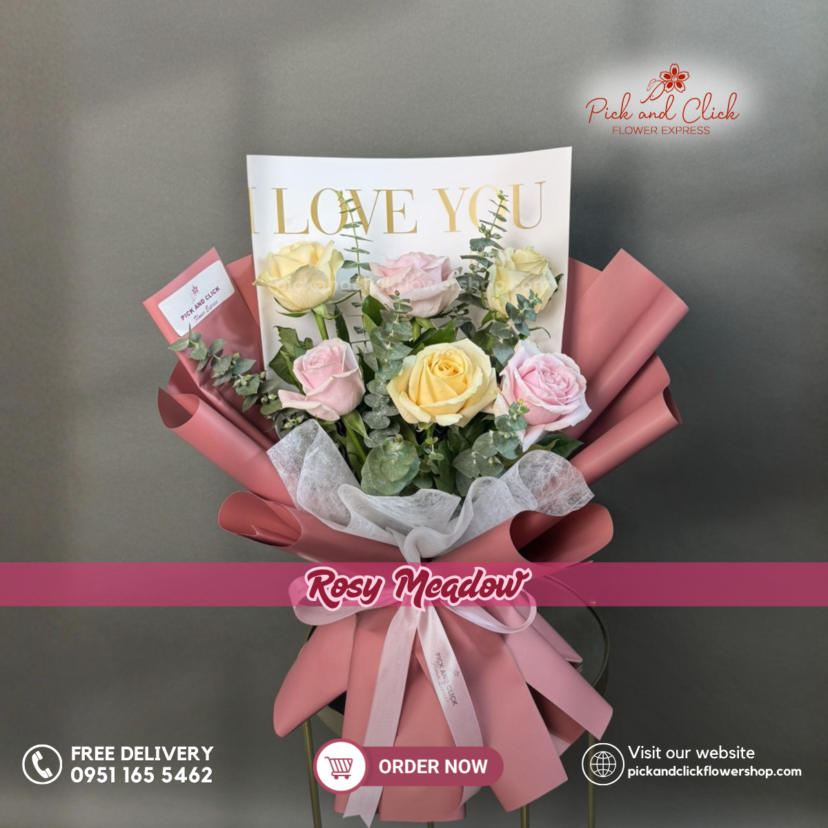 Rosy Meadow Bouquet featuring peach roses, pink roses, and fresh eucalyptus arranged in a charming garden inspired floral design, a soft and elegant bouquet perfect for birthdays, anniversaries, celebrations, and special occasions in the Philippines.
