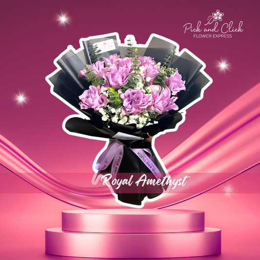 Purple China rose bouquet with gypsophila and eucalyptus in black wrap