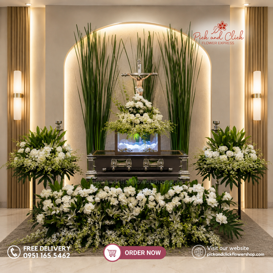 Royal Tribute Set 2 featuring an elegant selection of seasonal blooms in soft white and cream tones with green accents, custom arranged based on availability, designed as a dignified and respectful funeral flower set for memorial services in the Philippines.