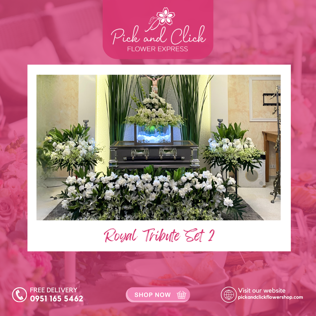 Royal Tribute Set 2 featuring an elegant selection of seasonal blooms in soft white and cream tones with green accents, custom arranged based on availability, designed as a dignified and respectful funeral flower set for memorial services in the Philippines.