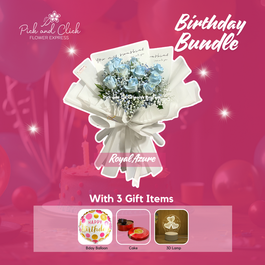 Bouquet of imported white roses and gypsophila with soft blue spray in white wrap — elegant and serene floral arrangement