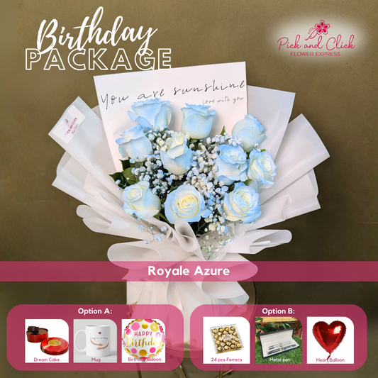 Royale Azure bouquet featuring light blue sprayed imported white roses and light blue sprayed gypsophila arranged in a birthday gift package with optional add ons.
