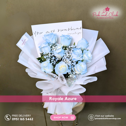 Royale Azure Bouquet featuring a mix of blue and white flowers arranged in a clean and elegant floral design, a timeless bouquet perfect for birthdays, sympathy, and special occasions in the Philippines.