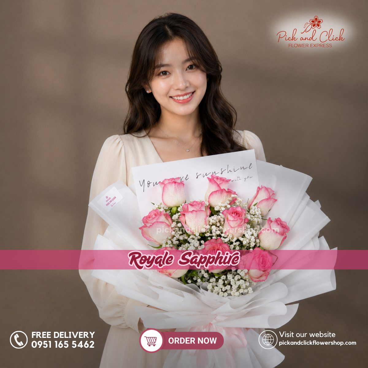 Royale Sapphire Bouquet featuring two tone pink roses accented with delicate gypsophila, arranged in an elegant floral design with soft two tone pink and white accents, a graceful and luxurious bouquet perfect for birthdays, anniversaries, Mother's Day, weddings, and special occasions in the Philippines.
